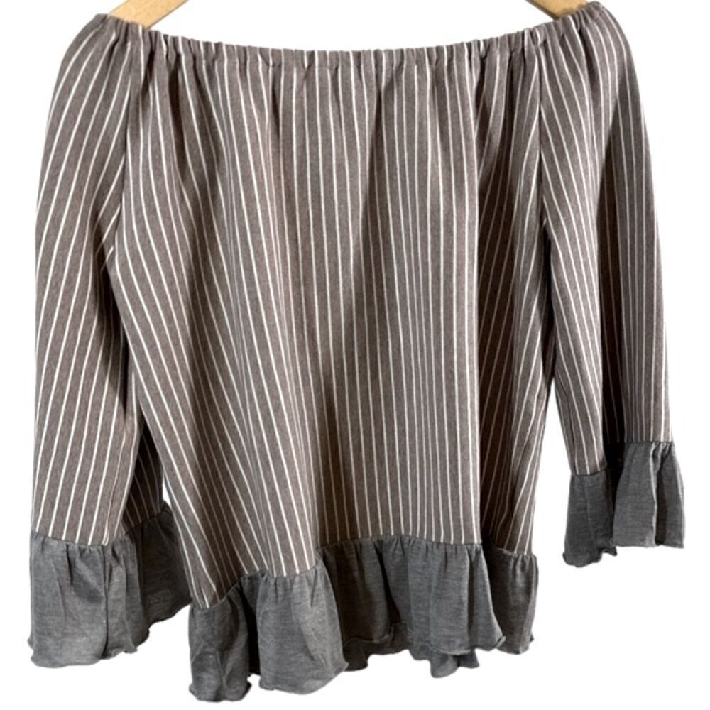 THML Women's Striped Ruffle Off-Shoulder Cotton Top Brown/White Size Small